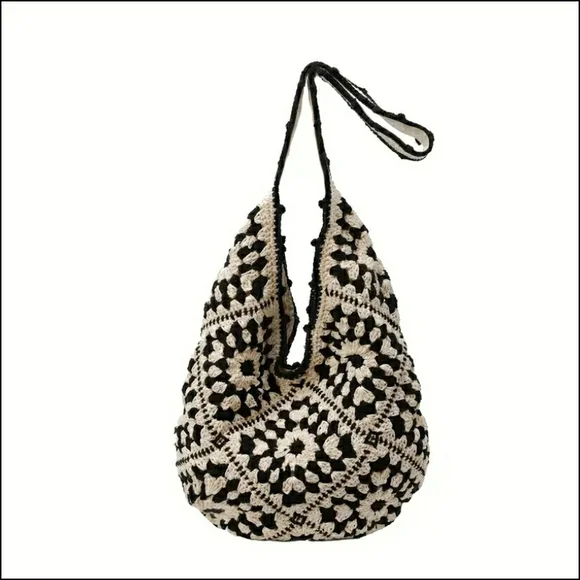 NEW! Crochet Boho Shoulder Bag (Black & White) - Picture 1 of 9